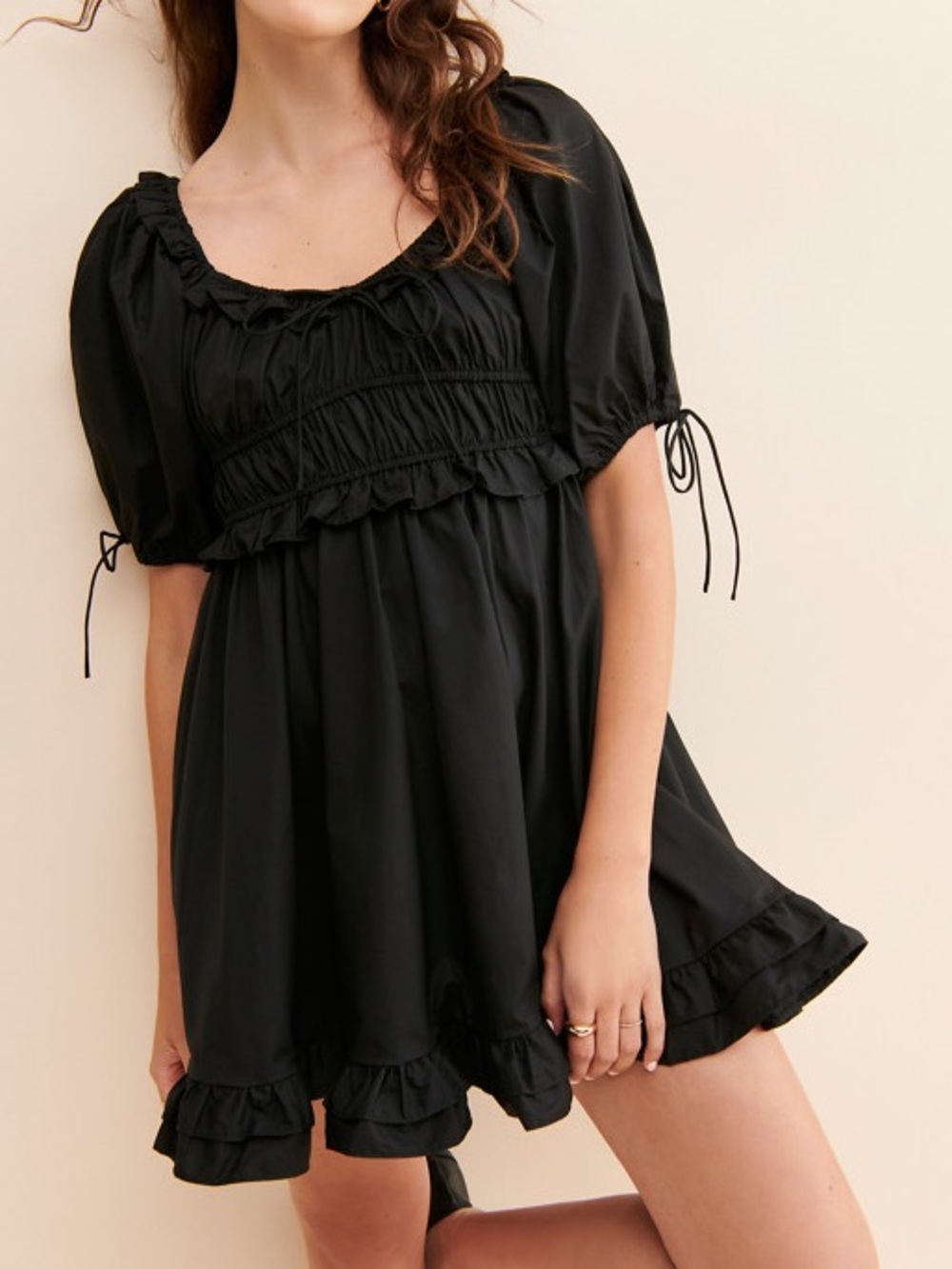 Black Puff Sleeve Smock Mini Dress